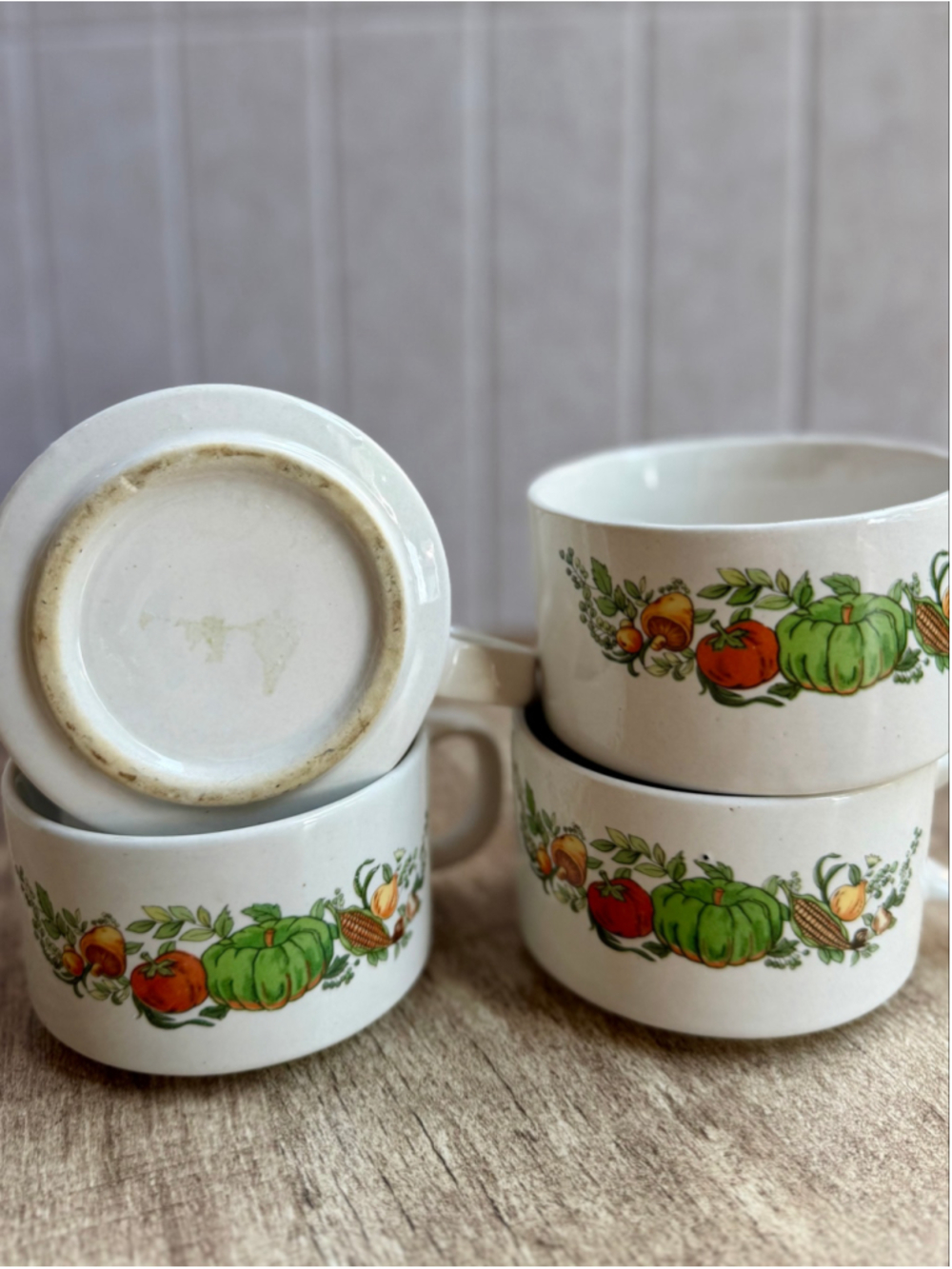 Vintage Autumn Harvest Vegetable Stackable Soup Mugs Set of 4 Ceramic